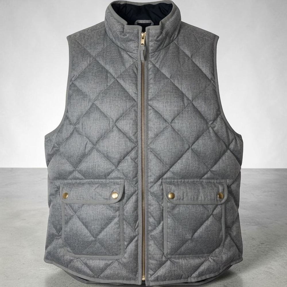 J.Crew Womens Gray Quilted Excursion Down Vest Gold Zip C8550 size large
